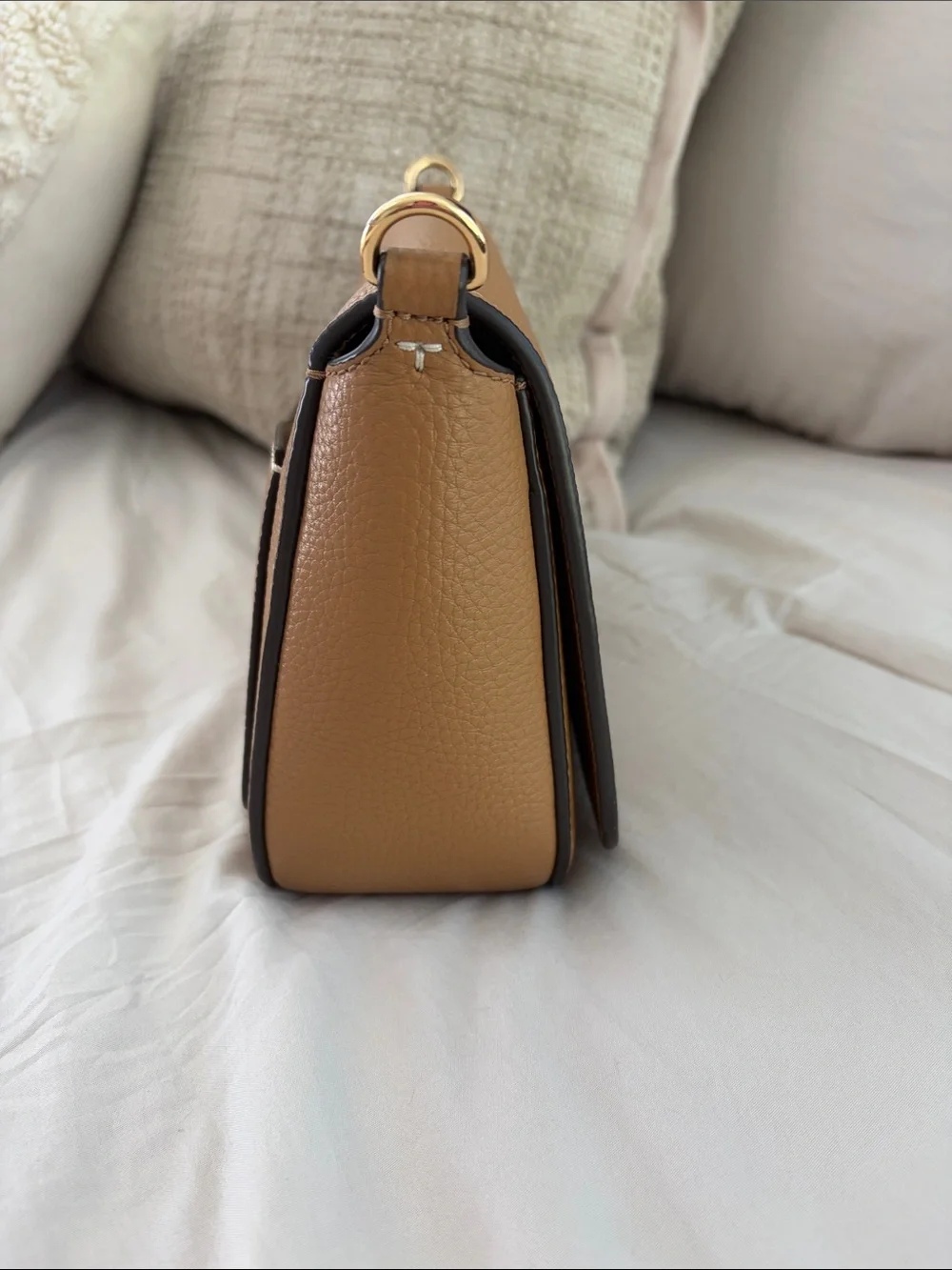 Tory Burch Thea Caramel Tan Pebbled Leather Crossbody with Gold Hardware